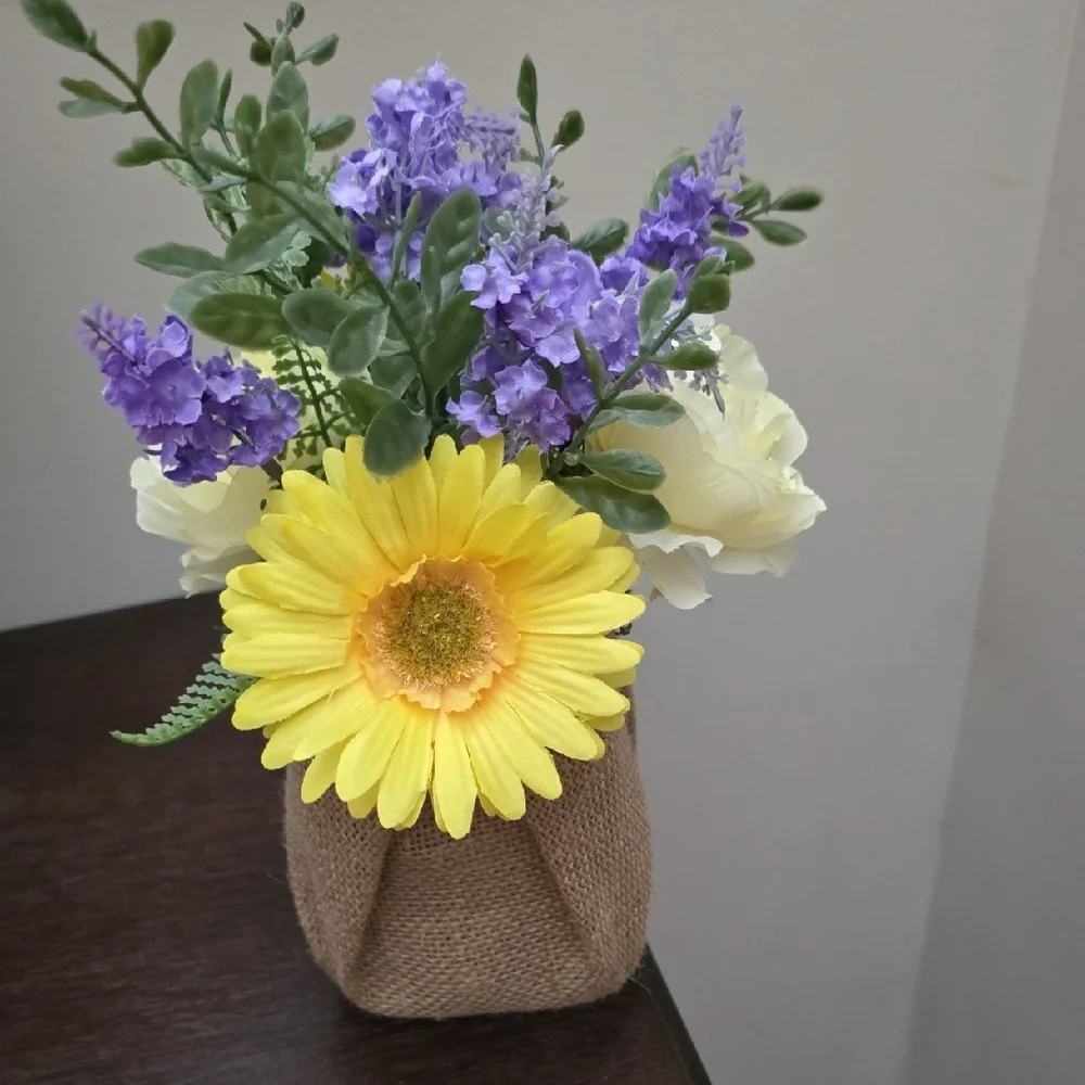 Rustic Floral Arrangement with Yellow and Purple Accents